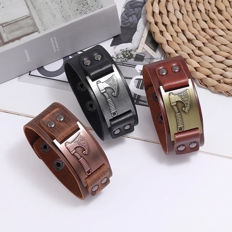 Pulsera Ancha De Cuero Para Hombre Con Hacha De Guerra Vikinga Placa De Aleación Punk Retro