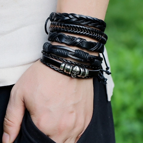 Bracciali Intrecciati Multistrato Da Uomo Pelle Di Vacchetta PU Cordino In Cera Lega Canapa Retro Punk Teschio Regolabile