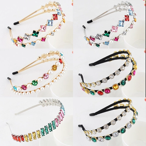 Baroque Luxury Metal Rhinestone Headband Colorful Crystal Faux Artificial Pearl Hair Hoop Retro Floral Leaf Star Design Women Party Wedding Hair Accessory