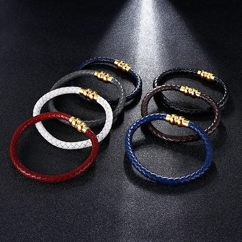 Bracciale In Pelle Intrecciata Da Uomo Con Chiusura Magnetica In Acciaio Inossidabile 316L Polsino Punk Casual