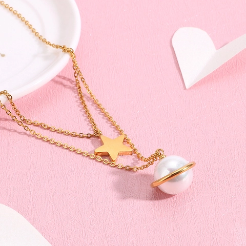 Collar De Doble Capa De Acero Inoxidable Con Colgante De Estrella Y Planeta De Perla Artificial Concha Joyería Elegante Para Mujer