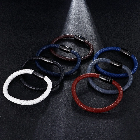 Bracciale In Pelle Di Vacchetta Intrecciata Da Uomo Con Chiusura Magnetica In Acciaio Inossidabile 316L Gioielli Vintage