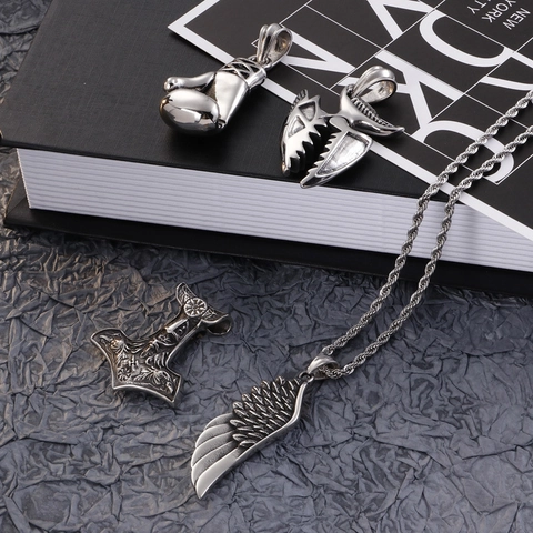 Pendentif En Acier Inoxydable Rétro Viking Marteau De Thor Mjolnir Gant De Boxe Aile Bijoux Punk Pour Hommes