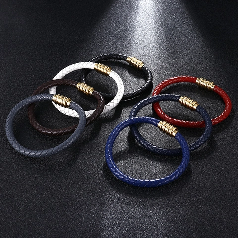 Herren Geflochtenes Lederarmband Mit Goldfarbenem Edelstahl Magnetverschluss Mode Schmuck