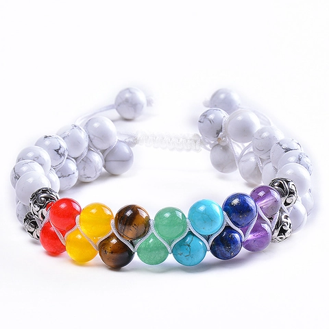Double Row Chakra Beaded Bracelet Natural Tiger Eye Amethyst White Turquoise Lava Stone Woven Adjustable Yoga Meditation Jewelry