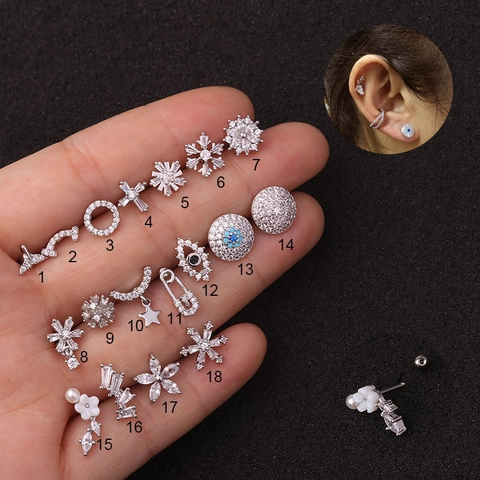 Pendientes De Cartílago Circonita Cúbica Barra De Acero Inoxidable Cobre Helix Piercing Joyas Mujer Flor Corazón Luna Estrella