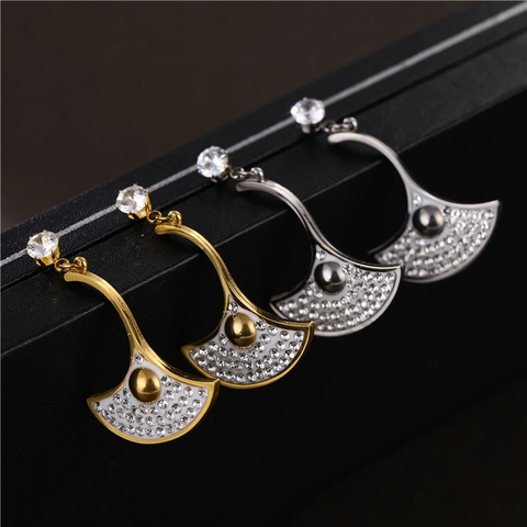 Fächerförmige Hängeohrringe Edelstahl Zirkon Ginkgoblatt Design Eleganter Partyschmuck Für Damen