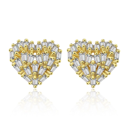 Elegant Copper Heart Stud Earrings For Women Shiny Rhinestone Inlaid Minimalist Jewelry For Party Gold Silver Color