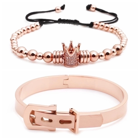 Stainless Steel Roman Numeral Bangle Crown Zirconia Beaded Braided Adjustable Bracelet Set For Women Men Fashion Jewelry