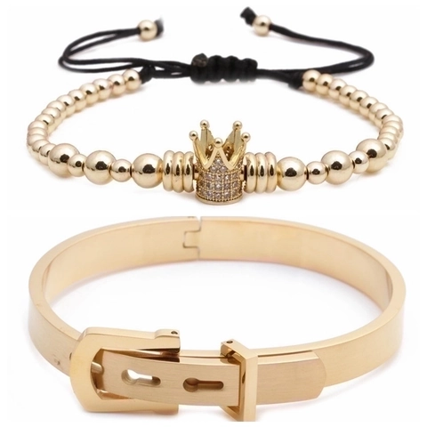 Stainless Steel Roman Numeral Bangle Crown Zirconia Beaded Braided Adjustable Bracelet Set For Women Men Fashion Jewelry
