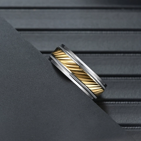 Edelstahl Zahnring Für Herren Zweifarbige Gold Silber Reifenmuster Industrieller Stil Modischer Schmuck
