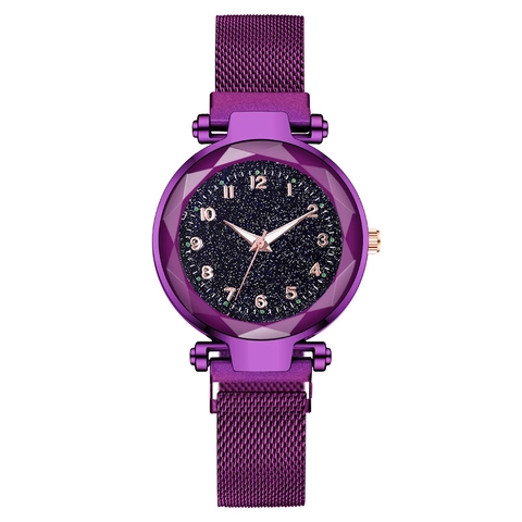 Orologio al Quarzo Donna Cielo Stellato Cinturino Milanese Magnetico Vetro Sfaccettato Quadrante Rotondo Elegante Regalo