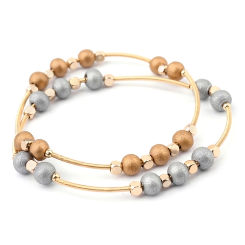 Beaded Bracelet Metal Spring Coil Wire Bangle With Faux Artificial Pearl And Alloy Spacers Bohemian Style Fashion Jewelry For Women