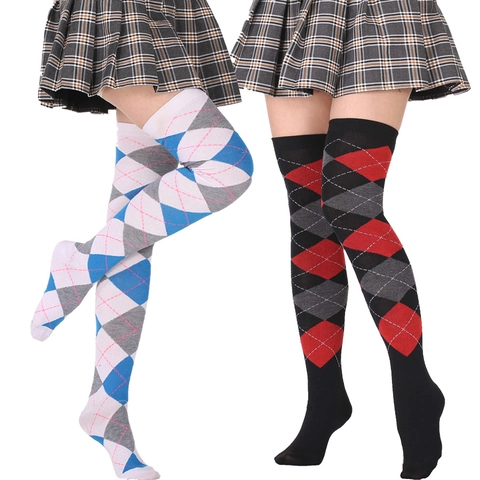 Chaussettes Hautes Motif Argyle Polyester Élasthanne Bas Au-dessus Du Genou Style Preppy Britannique Pour Femmes Filles