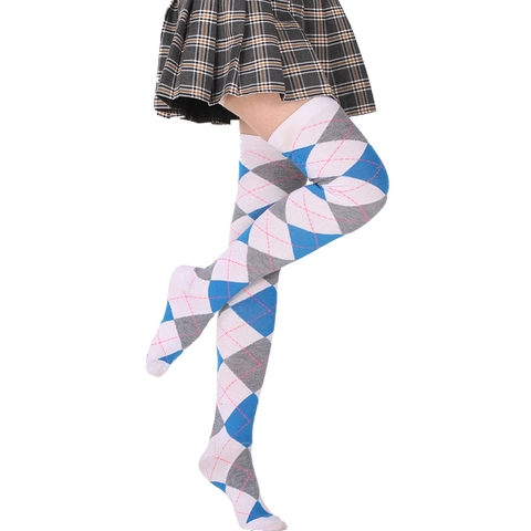 Chaussettes Hautes Motif Argyle Polyester Élasthanne Bas Au-dessus Du Genou Style Preppy Britannique Pour Femmes Filles