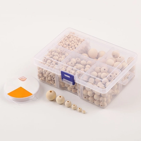 Cuentas De Madera Natural Pulidas Redondas Tamaños Mixtos Con Caja De Almacenamiento Y Cordón Elástico Para Hacer Joyas DIY
