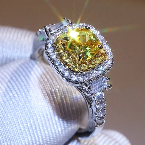 Luxe Ring Gele Zirconia Kussenslijpsel Koper Dubbele Halo Trouwjuwelen Voor Vrouwen