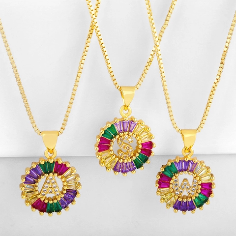 18K Vergoldet Bunte Zirkonia 26 Alphabet Buchstaben Runder Anhänger Halskette Mit Venezianerkette Für Damen Schmuck Geschenk