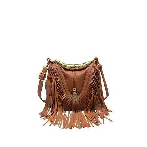 Faux Leder Fransen Umhängetasche Für Damen Goldfarbener Metallgriff Boho Retro Eimer Handtasche Musik Festival