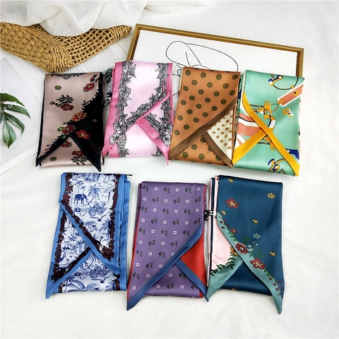 Elegante Dames Lange Smalle Twilly Sjaal Satijnachtige Polyester Bloemen Stip Print Lint Voor Tas Haar Nek