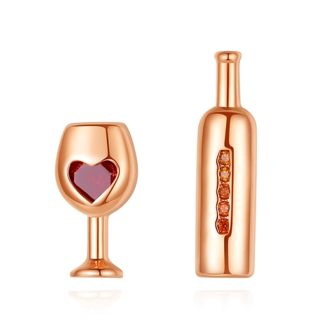 Asymmetric Wine Bottle Wine Glass Heart Stud Earrings Cubic Zirconia Copper Jewelry For Women With Copper Earring Post