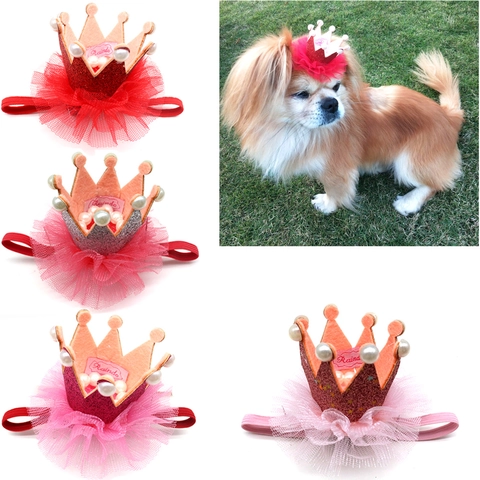 Sombrero De Corona Cumpleaños Mascotas Gasa Malla Perla Artificial Imitación Purpurina Correa Elástica Ajustable Accesorio Fiesta