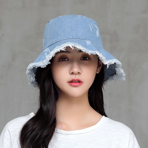 Women Distressed Denim Style Hemp Bucket Hat Frayed Edge Ripped Sun Protection Summer Casual Flat Top Wide Brim Hat