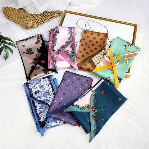 Elegante Dames Lange Smalle Twilly Sjaal Satijnachtige Polyester Bloemen Stip Print Lint Voor Tas Haar Nek