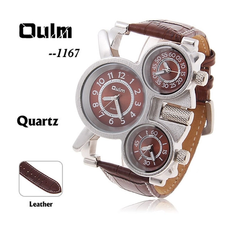 Men Quartz Watch Large Dial Multi Time Zone Military Sporty Alloy Case Leather Strap Compass Thermometer Wristwatch