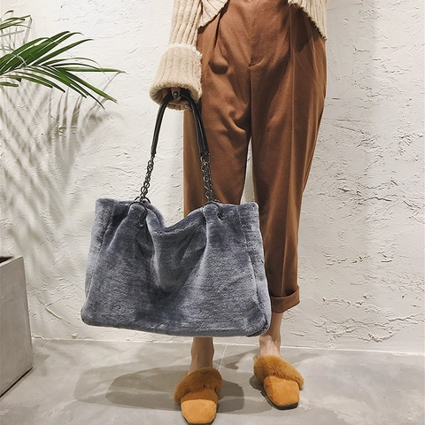 Bolso Tote Grande De Piel Sintética Mujer Bolso De Mano Felpa Cadena Metal Hombro Moda Invierno Diario