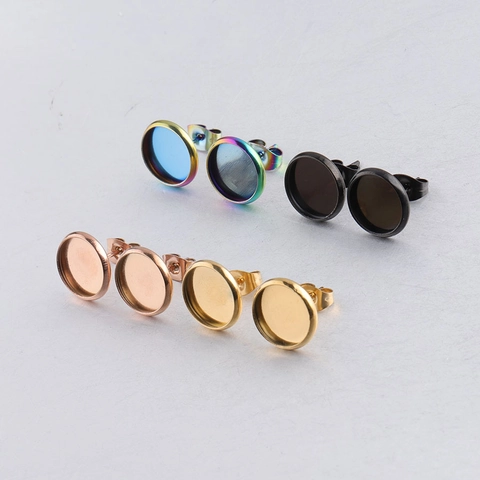 Stainless Steel Earring Post Round Bezel Tray Blank Stud Base For DIY Jewelry Making Findings