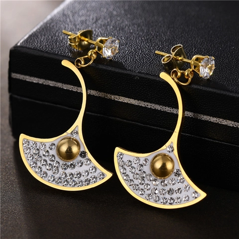 Fächerförmige Hängeohrringe Edelstahl Zirkon Ginkgoblatt Design Eleganter Partyschmuck Für Damen