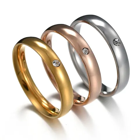 Stainless Steel Zircon Ring Simple Polished Single Stone Engagement Promise Band Jewelry For Men Women