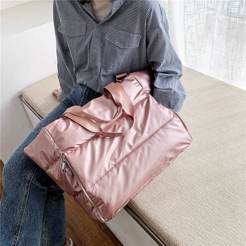Large Capacity Quilted Puffer Gym Bag For Women Waterproof Travel Duffel With Yoga Mat Strap Dry Wet Separation