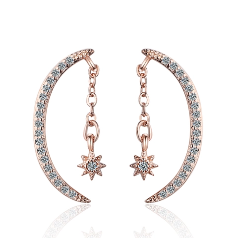 Copper Crescent Moon Star Stud Earrings For Women Rhinestone Inlaid Fashion Korean Style Symmetric Geometric Earrings Jewelry Gift