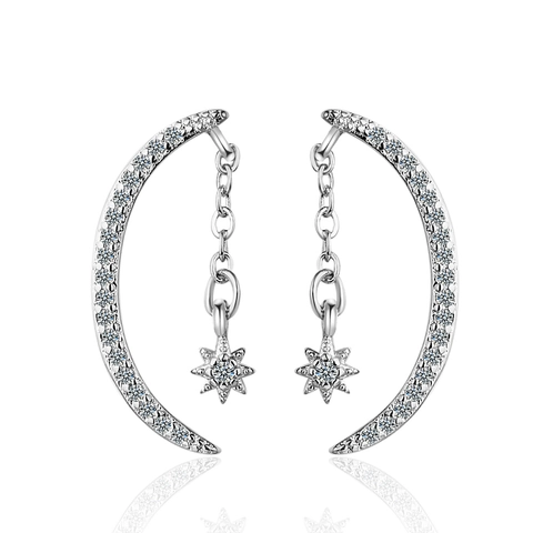 Copper Crescent Moon Star Stud Earrings For Women Rhinestone Inlaid Fashion Korean Style Symmetric Geometric Earrings Jewelry Gift