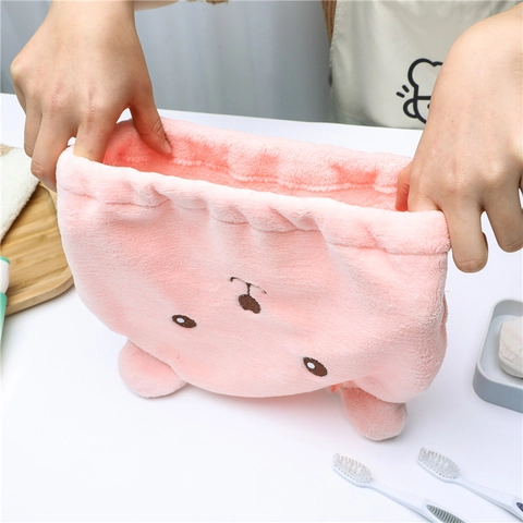 Cartoon Bear Hair Drying Cap Coral Fleece Super Absorbent Quick Dry Shower Wrap Turban Cute Animal For Women Kids