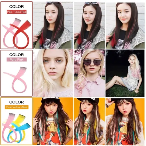 Colorful Long Straight Hair Extension High Temperature Synthetic Fiber Clip In Highlight Gradient Hair For Women Kids