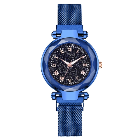 Orologio Al Quarzo Da Donna Moda Quadrante Cielo Stellato Numeri Romani Cinturino Maglia Milanese Fibbia Magnetica Vetro Sfaccettato