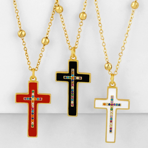 Collana Con Pendente A Croce Vintage Rame Placcato Oro 18K Zircone Colorato Smaltato Gioielli Religiosi Di Moda