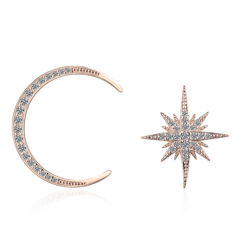 Orecchini Asimmetrici Stella Luna Rame Zirconia Con Perno Argento Gioielli Eleganti Moda Per Donne Ragazze