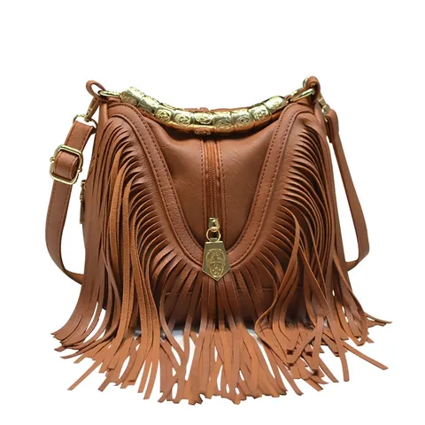 Faux Leder Fransen Umhängetasche Für Damen Goldfarbener Metallgriff Boho Retro Eimer Handtasche Musik Festival
