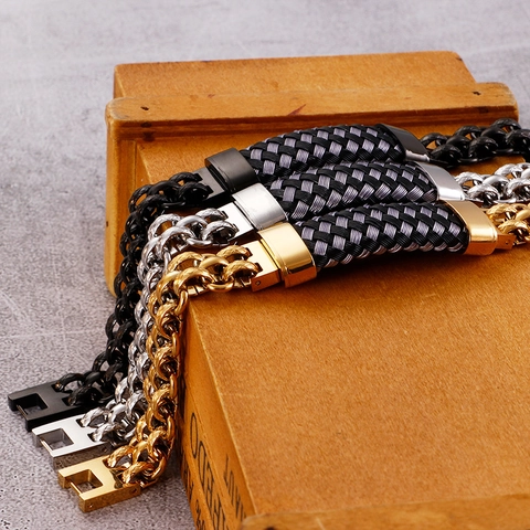 Bracciale Da Uomo In Acciaio Inossidabile Intrecciato Stile Punk Hip Hop Catena A Doppia Fila Con Chiusura Pieghevole Gioielli