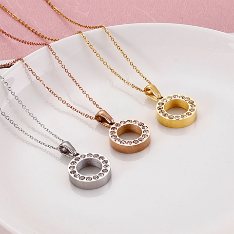 Collar Con Colgante Redondo De Acero Inoxidable Con Circonita Cúbica Incrustada Joyería Minimalista Elegante Para Mujer