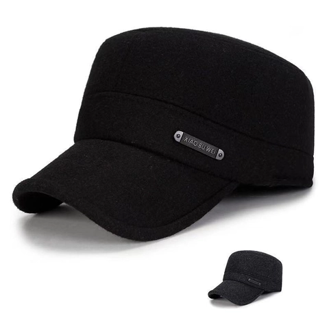 Men Cadet Cap Woolen Flat Top Hat With Ear Flaps Winter Warm Outdoor Military Style Adjustable