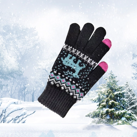 Winter Strickhandschuhe Touchscreen Warm Fleece Gefüttert Nordisches Rentier Muster Acryl Damen