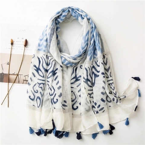 Long Scarf Shawl Wrap Ethnic Abstract Print Tassels Lightweight Sun Protection Beach Sarong Bohemian Accessory For Women
