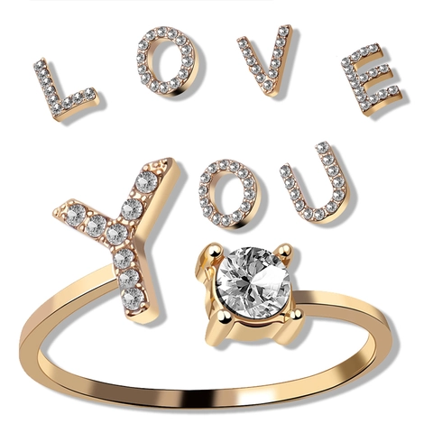 Fashion Alloy Rhinestone 26 English Alphabet Open Ring For Women Personalized Initial Letter Adjustable Round Stone Ring Jewelry