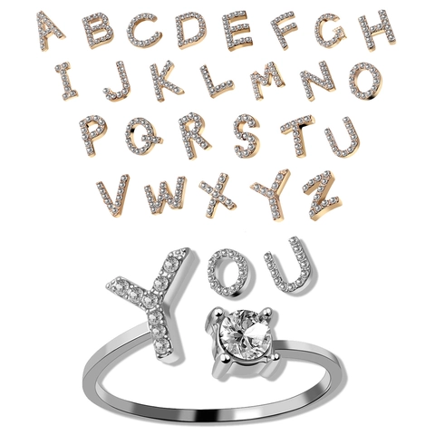Initial Letter Adjustable Open Ring Alloy Rhinestone Sparkling Minimalist Trendy Fashion Jewelry For Women