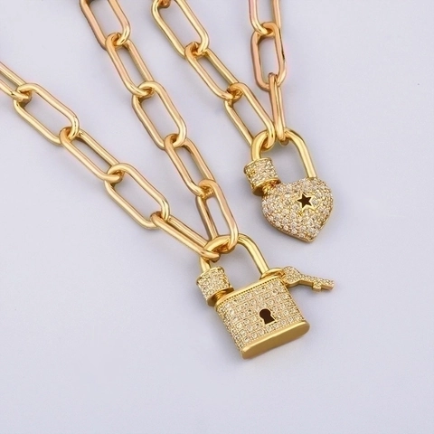 Lock Pendant Necklace 18K Gold Plated Copper Micro Pave Zirconia Heart Star Paperclip Chain Trendy Jewelry